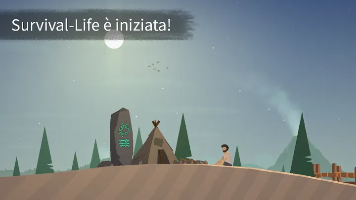 Casting Away: capanna e conifere su un'isola deserta al crepuscolo con la scritta Survival-Life è iniziata