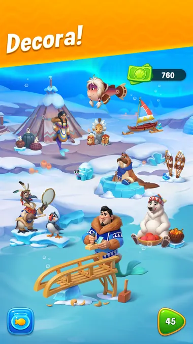 Fishdom: scenario polare con pinguini, pupazzi di neve e ponticello di legno da arredare