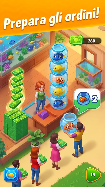 Fishdom: torre di bocce di vetro in un negozio di acquari con clienti in fila e il contatore 280