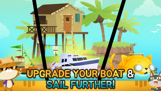 The Fishercat: palafitta con palme e motoscafo sotto la didascalia Upgrade your boat and sail further