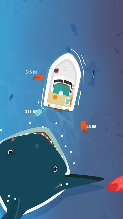 Hooked Inc: barca vista dall'alto sopra una balena spalancata, con i pesci etichettati 15 e 45 miliardi