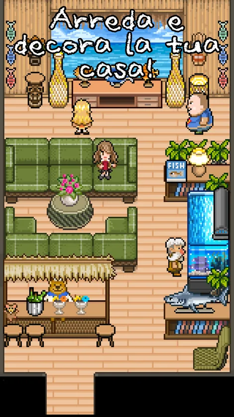 Fishing Paradiso: interno pixel di una capanna con divani, piante e un pesce spada appeso alla parete