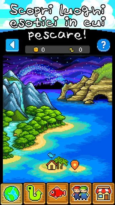 Fishing Paradiso: mappa pixel di un'isola con aurora e cinque schede di navigazione in basso