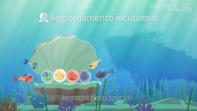 Pesca e vita: conchiglia aperta con quattro uova colorate sotto la scritta Aggiornamento incubatoio