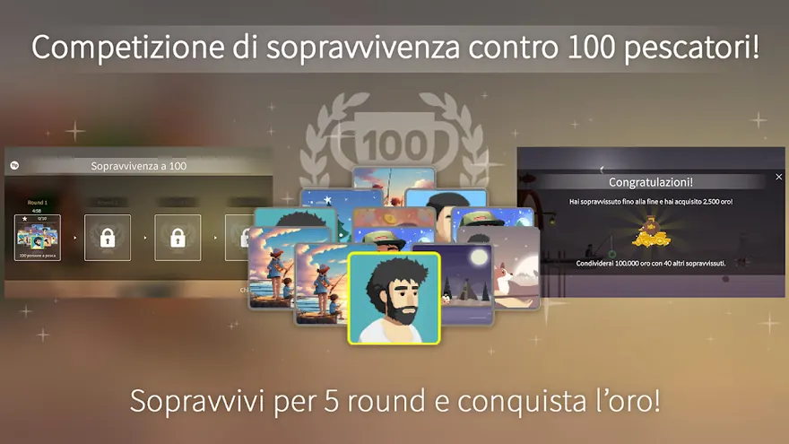 Pesca e vita: schermata della modalità Sopravvivenza a 100 con cinque round, tre lucchetti e il messaggio di vittoria da 2.500 oro