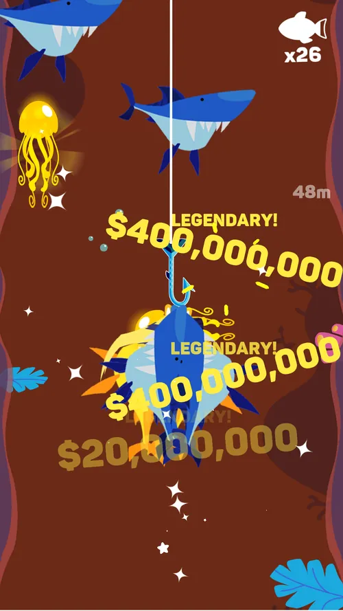 Tiny Fishing: cattura marcata Legendary con l'importo 400.000.000 in giallo sul fondo bruno