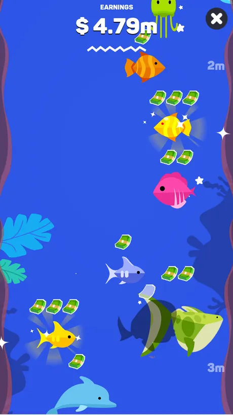 Tiny Fishing: lenza in acqua azzurra con il totale 4,79 milioni in alto e delfini sul fondale