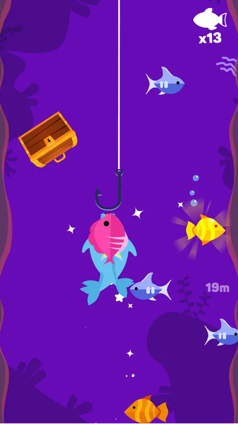 Tiny Fishing: lenza calata su fondo viola con pesci agganciati e il contatore x13 in alto